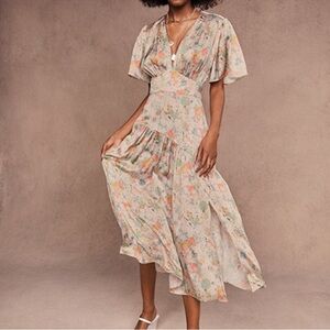 Topshop EUC Cream Willow Floral Angel Sleeve Flowy Midi Summer Dress Size 4 U.S